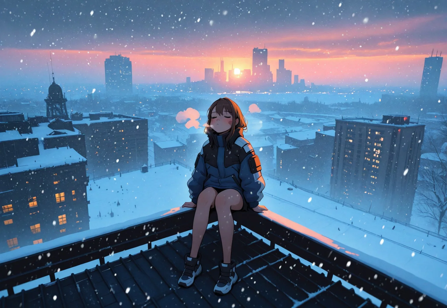 1girl, anime style, sitting, steaming breath, winter tech jacket, rosy cheeks, rooftop sky park, twilight, cyberpunk skyline, NYC, dangling legs, hot coffee, glowing city lights, soft snowfall, snowing, snow flurries, soft holograms, stormy sky, fog, peaceful, cozy atmosphere, modern aesthetic, magical realism, makoto shinkai style, cinematic lighting, volumetric lighting, photo background, ultra-detailed, absurdres, highres, hdr, 8k, masterpiece, best quality, very aesthetic, newest, wide shot
BREAK, volumetric lighting, dappled light, light particles, , cinematic lighting, photo background,
easynegative, negative_hand,sykosanART , 748cmstyle