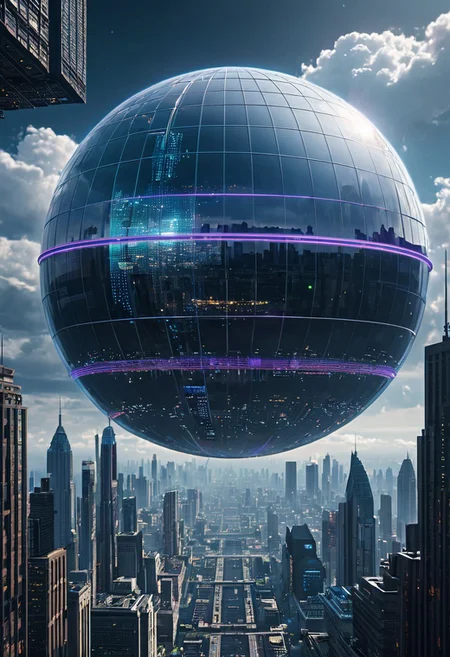 dyson sphere entering orbit with city in the distance with cloud coverage and skyscrapers city is neon and cyber punk themed, modern, hyper real, futuristic, detailed, realistic, space in the background,