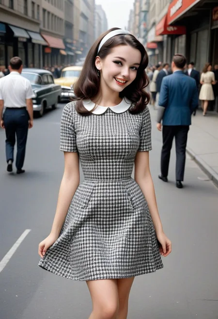 instagram upperbody angled candid image of charming skinny 18-year-old girl next door, walking down busy big city street, wearing revealing tight houndstooth patterned dress, gigantic breasts fully clothed in cleavage dress, gorgeous long dark hair, 1960s female hairstyle, 1960s hairdo, beautiful smile giggling laughing, huge tits bursting out of cute 1960s dress, (1960's style haircut and clothes), (beautypinupart), wearing thin white headband, covering mouth with hand, NONE, majicmix_style