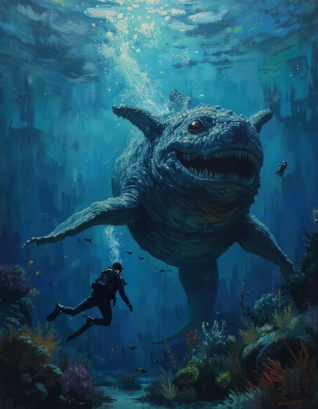 <lora:OBä¸ä¸çºªæ²¹ç»v1.1:1> OByouhua, oil painting
deep dark ocean, a scuba diver swimming underwater, in the distance a giant large sea monster with 2 ears, round mouth and teeth, it is slightly visible but not fully,
<lora:Dark Cinematic:0.5> DRK