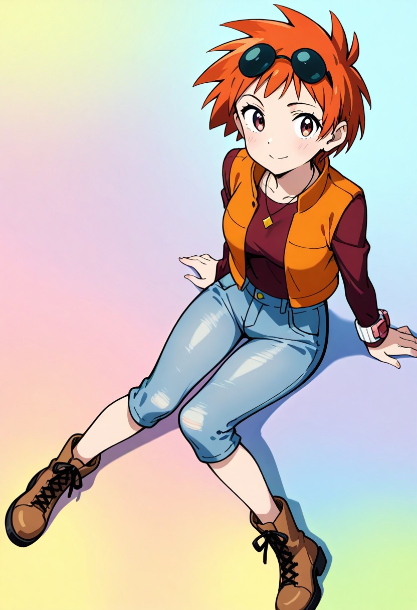 2d, masterpiece, best quality, amazing quality, highres, absurdres, newest, 1girl, solo, sitting, yokozuwari, from above, dutch angle, looking at viewer, multicolored background, simple background, colorful background, medium breasts, pkzoey, orange hair, short hair, spiked hair, bangs, necklace, eyewear on head, sunglasses, red shirt, long sleeves, bracelet, orange vest, jeans, denim, capri pants, boots, brown footwear