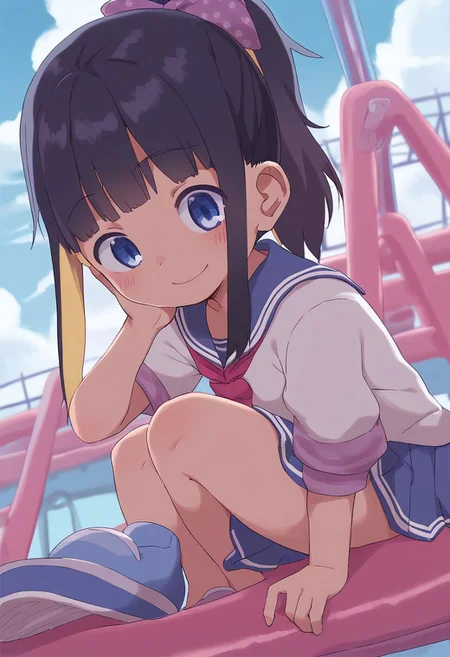 score_9, score_8_up, score_7_up, bbka_style,
1girl, solo, hime cut, pastel hair, blue eyes, slide, swings, kawaii, cute, adorable, ponytail, smiling, playground, school uniform, climbing, playing, <lora:bbka_pdxl5:1>