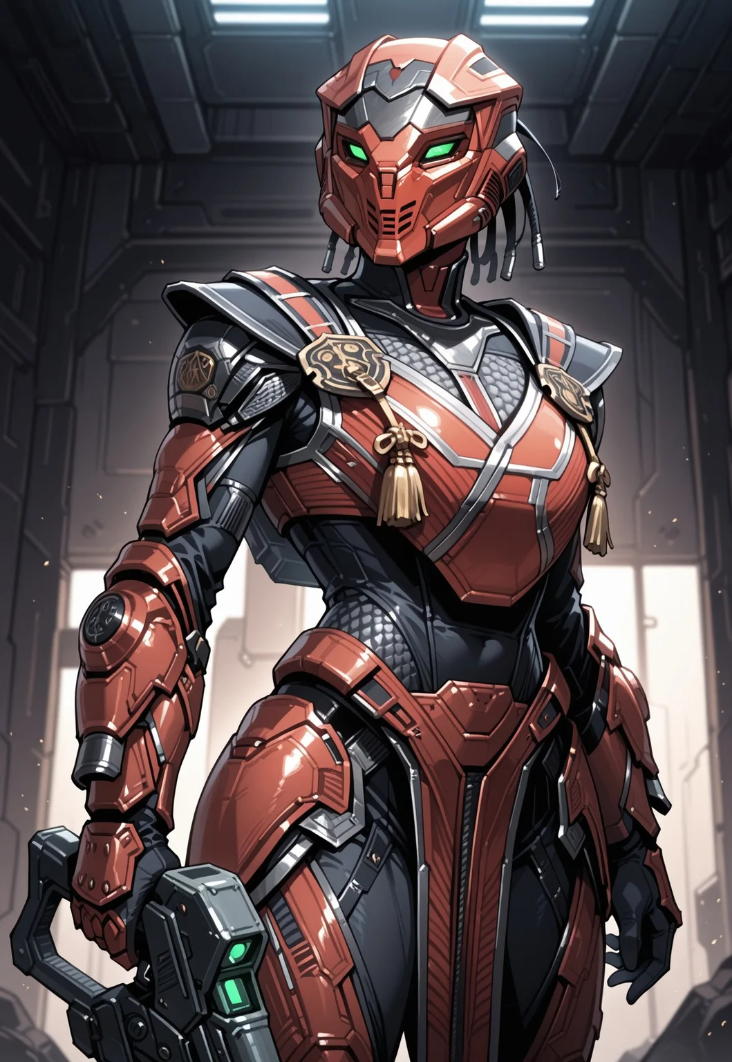 masterpiece, best quality, detailed, realistic, cowboy shot, 1girl, solo, sektor, Helmet, mask, green eyes, Black bodysuit, shoulder armor, breastplate, gauntlets, gloves, leg armor, pelvic curtain, holding weapon, scifi gun,