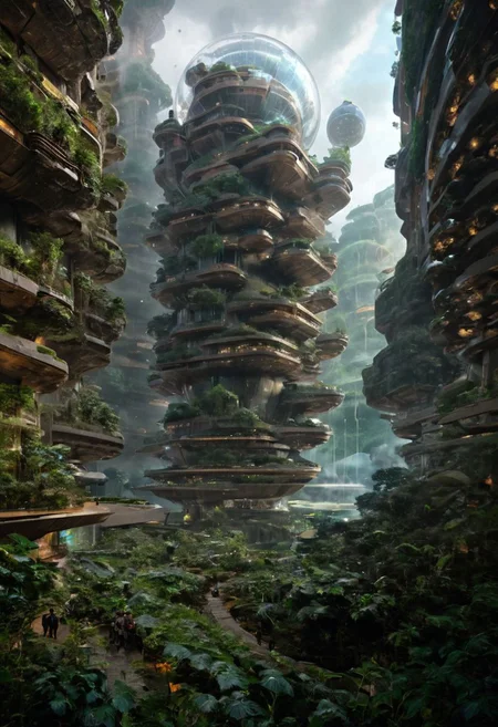 A new type of flying ship for sightseeing in the city of the future with glass dome, 
Residents live in a sizable number of glass bubble capsules,
The alien colonial cities of the future look like towering ant nests built in Halong Bay filled with fog, glass dome, communications spire landmark, aircraft terminal, aerial mass transportation,
((The steel tower in the imperial capital of Star Wars, the Rubik's Cube and Golden Tower of the corporate headquarters in Blade Runner, The floating kingdom of Hayao Miyazaki's Castle in the Sky, the catacombs of Paris are full of skulls, Famous British architect Dream Detective)),
(futuristic:1.2), a huge military factory made of steel, glass, fog, sun, in the clouds, , futuristic military planes, moody tones, 
(real landscape:1.1), (blurred background:1.0), [buildings|trees|Crowd|buildings|trees|Crowd|buildings|trees|vehicle|Crowd:0.7], 
[building|door|window|stairs|balcony|wall|brick|eaves_details:0.8], [Street|Landscape|Foliage|Pedestrian|Vehicle_Details:0.7], [metal|glass|wood|stone|cement|brick|textile_texture:0.8],
(background, more_details:0.3) 
great lighting, futureskyline, Curvy Architecture, Architecture photography, horizontal, void