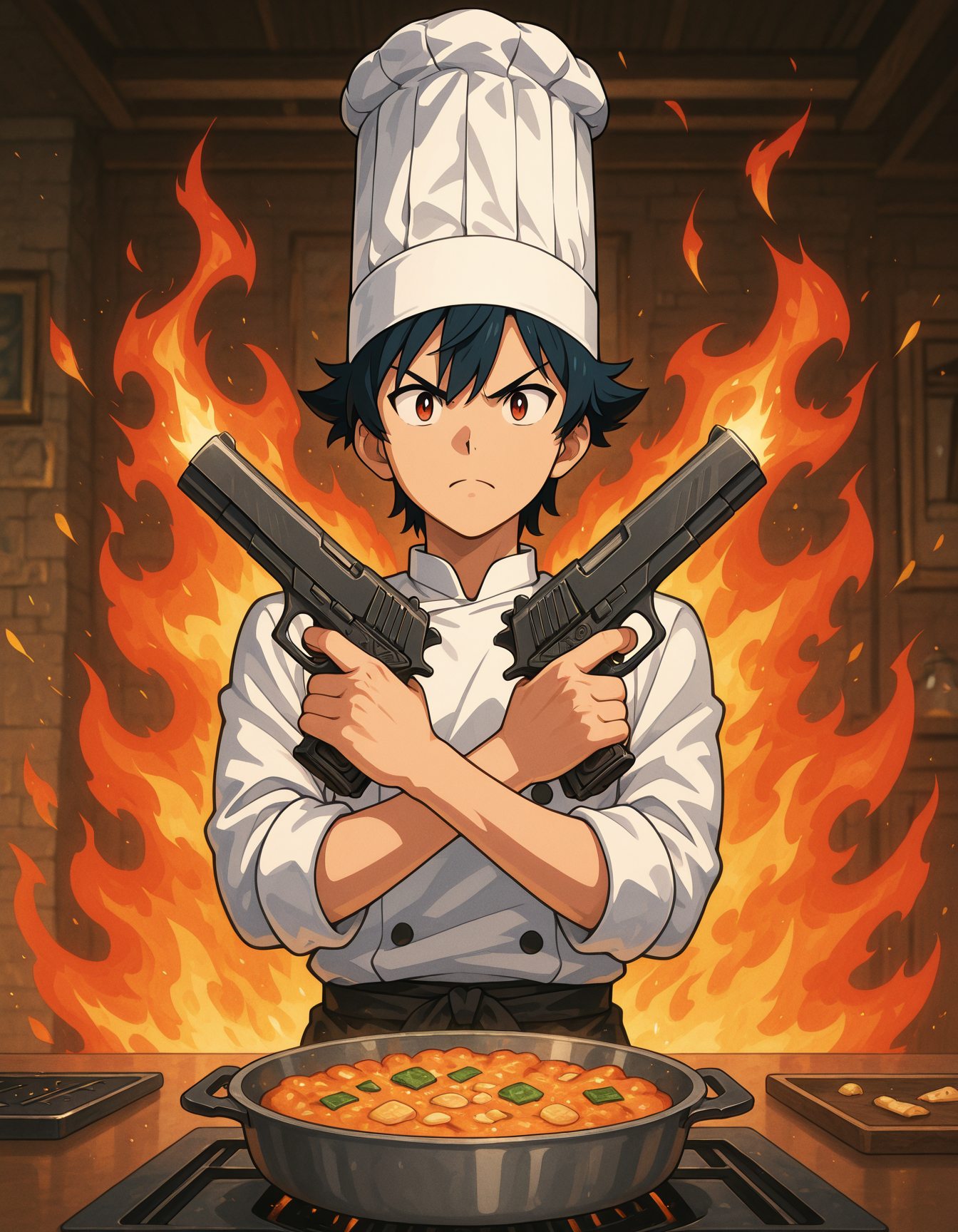 Flatline, Flat vector illustration,,masterpiece, best quality, good quality, very aesthetic, absurdres, newest, 8K, depth of field, focused subject, dynamic angle, An anime chef in a flaming kitchen, crossing pistols in an X pose. One pistol shoots seasoning, the other fire. Flames roar behind them as ingredients fly through the air.  Total over-the-top food battle anime style..  <lora:XPistolPoseIL:1> x pistol pose