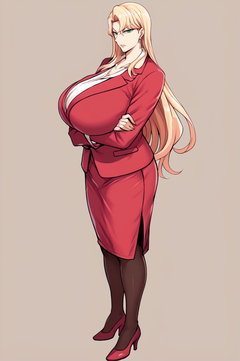 score_9, score_8_up, score_7_up, source_anime,reika kurashiki, mature female, 1girl, breasts, pantyhose, blonde hair, long hair, skirt, high heels, solo, , jacket, formal, , suit, green eyes, crossed arms, red footwear, gigantic breasts, , skirt suit, jewelry, pencil skirt, black pantyhose, earrings, bangs, looking at viewer, red jacket<lora:EMS-439921-EMS:1.000000>