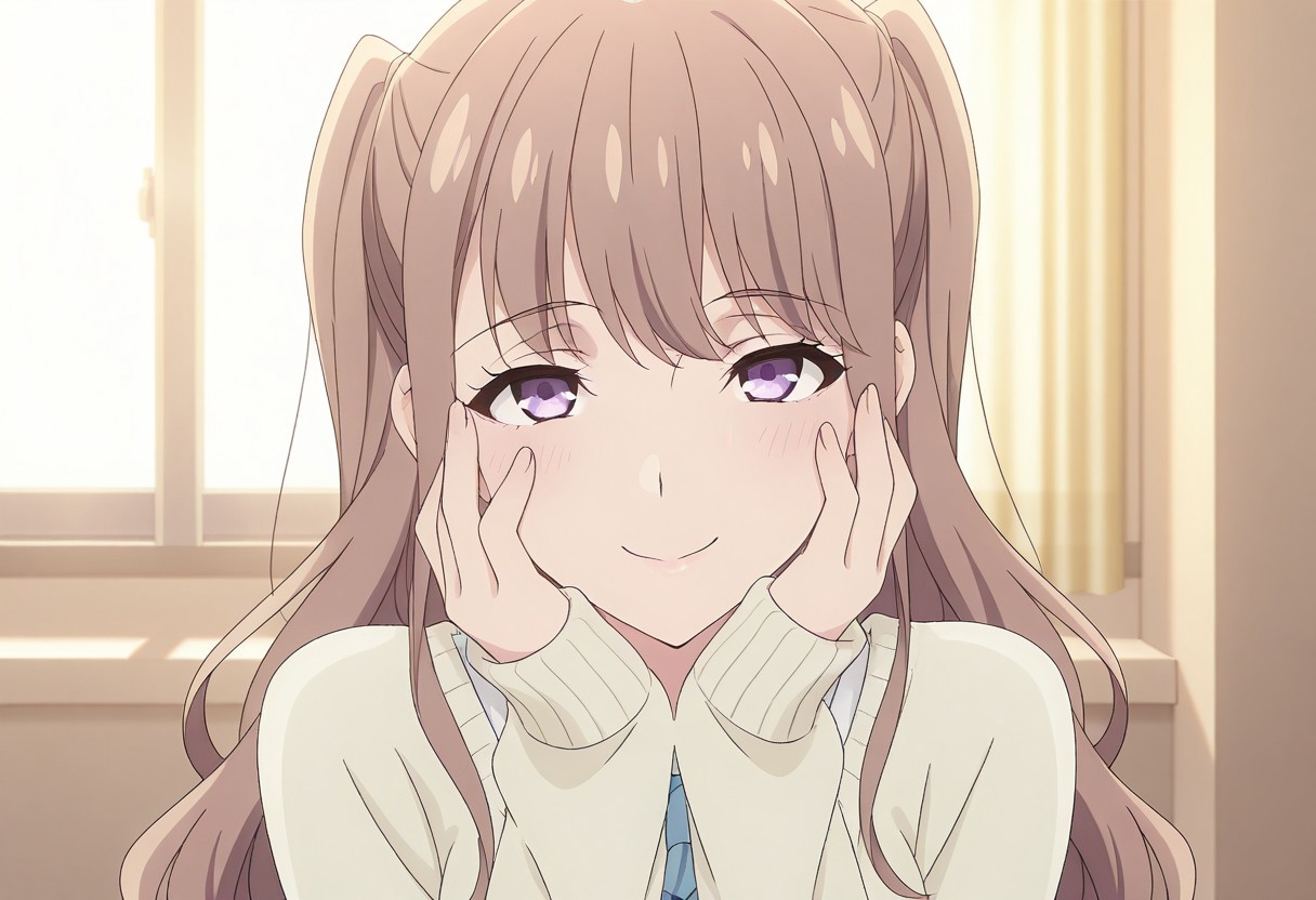 i7hs, 1girl, purple eyes, long hair, brown hair, two side up, anime screencap,
big breasts, masterpiece, best quality, high resolution,
looking at viewer, hands on own face, (seductive smile:1.5), sleeves past wrists, long sleeves, closed mouth, sweater, hands on own cheeks, sunlight, blurry, school uniform, portrait, short hair, upper body