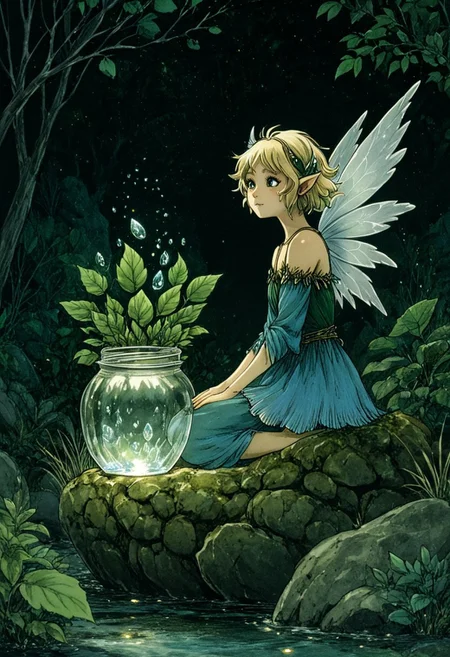 Studio Ghibli Dark Fairytale, The image is an illustration of a fairy sitting on a rock with a large glass jar in front of her. The fairy has blonde hair and is wearing a blue dress with white wings. She is looking at the jar with a peaceful expression on her face. The jar is filled with green leaves and there is a small stream of water flowing from it. The background is dark and there are trees and bushes surrounding the fairy. The overall mood of the image is serene and peaceful., 1girl, solo, wings, fairy, pointy ears, short hair, traditional media, blonde hair, fairy wings, night