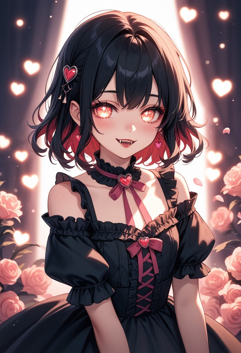 masterpiece, best quality, high quality, high details, source_anime, score_9, score_8_up, score_7_up, extremely detailed,
cute vampire girl, parted lips, fangs, black hair, big sparkling eyes with heart-shaped highlights, gentle blush, sweet soft smile, wearing a frilly off-shoulder black dress, warm peach-pink color palette, soft bokeh background with sparkles and light petals, soft glowing backlight, dreamy lighting, magical atmosphere, ultra adorable expression, newest anime style, high detail,