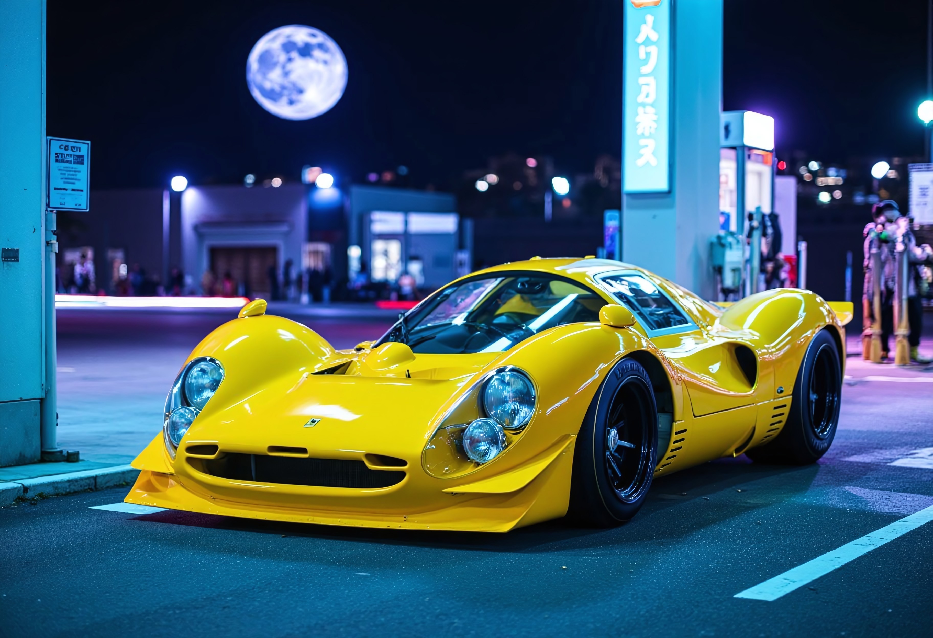photo of a low, wide yellow ferrari 412P with large rear wing and oversize front spoiler bar at night in neon tokyo refueling station backlit. oversize moon backlit, blue wheels