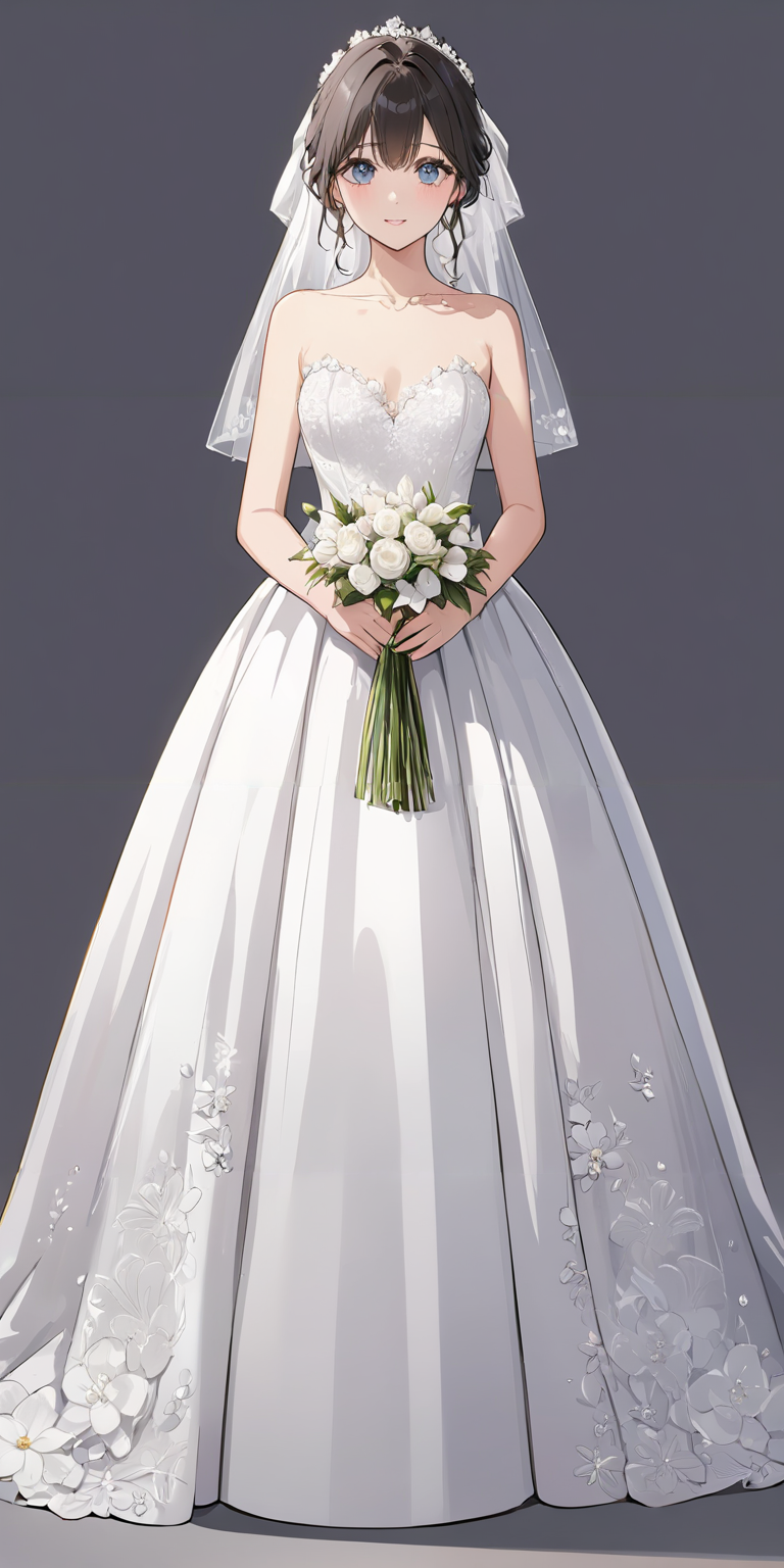 masterpiece,ultra-detailed,best quality,8K,illustration,cute face,clean skin ,shiny hair,girl,ultra-detailed-eyes,simple background, <lora:add-detail-xl:1> <lora:wedding dress_XL_V1.0:0.5> wedding dress, flower,full body