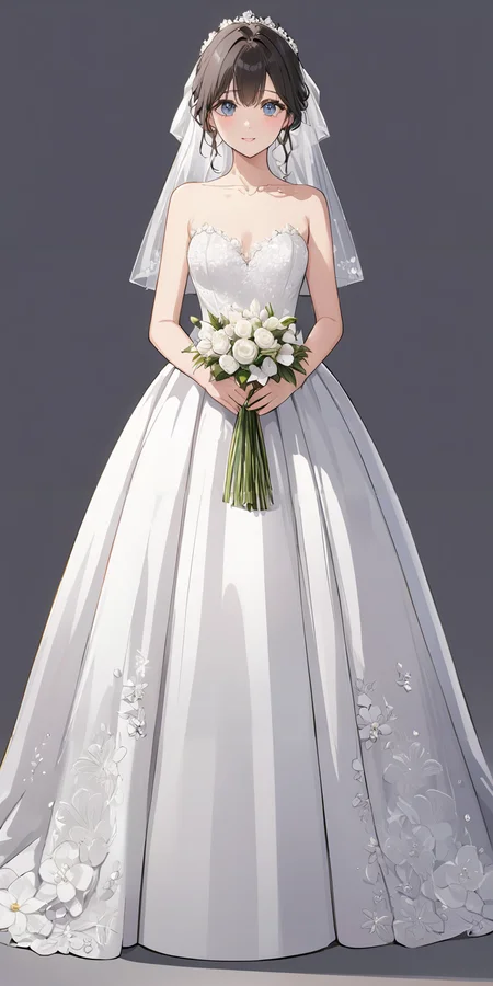 masterpiece,ultra-detailed,best quality,8K,illustration,cute face,clean skin ,shiny hair,girl,ultra-detailed-eyes,simple background, <lora:add-detail-xl:1> <lora:wedding dress_XL_V1.0:0.5> wedding dress, flower,full body