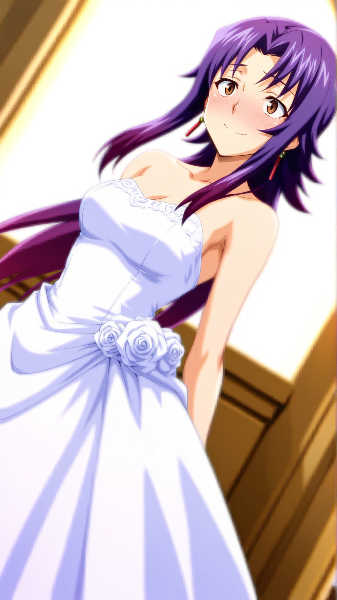 source_anime, genral, best quality, masterpiece, 1girl,  <lora:Clavier_Argo_ill_v1.0:1> clavier_argo\(srw\),brown eyes, purple hair,parted bangs, sidelocks,gradient hair,long hair, earrings, jewelry, tareme, wedding dress,chapel, (sanpaku:0.8) , happy, embarrassed,   dynamic pose, dutch angle, cowboy shot,