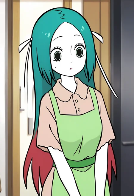 <lora:jingwei:1>,jingwei,1girl,solo,long hair,multicolored hair,red hair,green hair,hair ribbon,white ribbon,black_pulpil,white skin,
 green apron, shirt,, masterpiece,best quality,amazing quality,absurdres, anime screenshot,