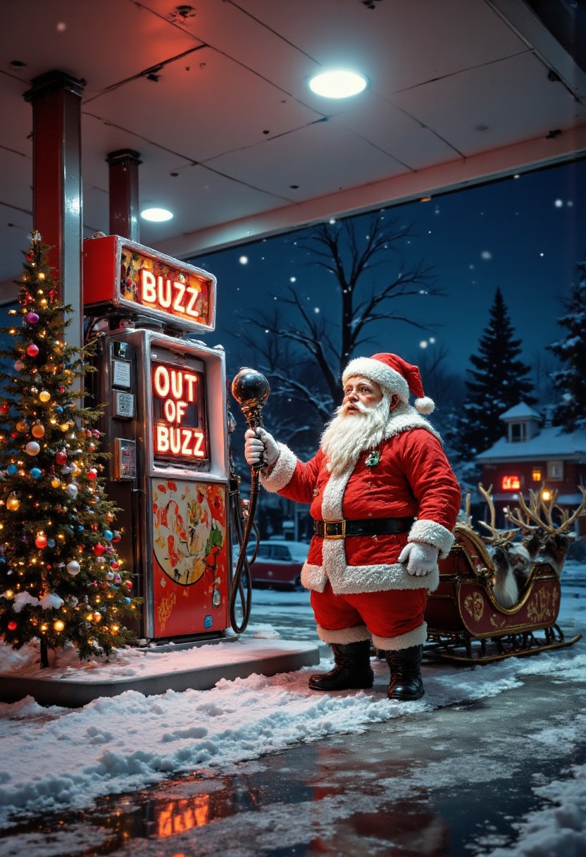 Detailed hand, aidmatextimprover, aidmafluxproultra, mythp0rt
A humorous and whimsical digital artwork featuring Santa Claus at a modern gas station late at night, trying to refuel his magical sleigh. Santa, a jolly, round figure with a long white beard and his signature red suit trimmed with white fur, looks perplexed as he holds a gas pump nozzle. The pump has a large, glowing digital screen displaying the message "OUT OF BUZZ" in bold red letters, adding a playful and ironic twist.
The sleigh, painted in vibrant red and gold with intricate Christmas-themed decorations, is parked next to the pump. It is attached to a team of tired, confused reindeer waiting patiently. The gas station is dimly lit with a mix of fluorescent lights and the warm glow of holiday decorations, including string lights and a small Christmas tree near the pump.
The setting is snowy, with a light flurry falling, creating a cozy yet humorous winter scene. Santa's expression is a mix of frustration and disbelief, while one reindeer glances at the pump with a raised eyebrow. The artwork is rich in detail, from the texture of the snow to the reflections on the sleigh, capturing a lighthearted and festive mood.