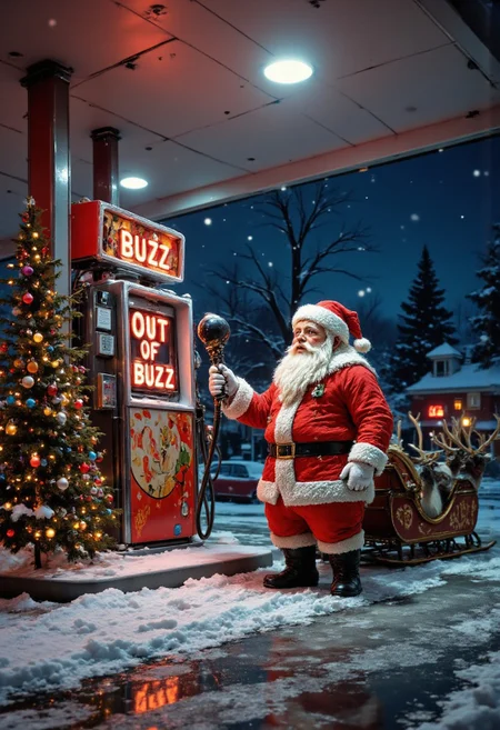 Detailed hand, aidmatextimprover, aidmafluxproultra, mythp0rt
A humorous and whimsical digital artwork featuring Santa Claus at a modern gas station late at night, trying to refuel his magical sleigh. Santa, a jolly, round figure with a long white beard and his signature red suit trimmed with white fur, looks perplexed as he holds a gas pump nozzle. The pump has a large, glowing digital screen displaying the message "OUT OF BUZZ" in bold red letters, adding a playful and ironic twist.
The sleigh, painted in vibrant red and gold with intricate Christmas-themed decorations, is parked next to the pump. It is attached to a team of tired, confused reindeer waiting patiently. The gas station is dimly lit with a mix of fluorescent lights and the warm glow of holiday decorations, including string lights and a small Christmas tree near the pump.
The setting is snowy, with a light flurry falling, creating a cozy yet humorous winter scene. Santa's expression is a mix of frustration and disbelief, while one reindeer glances at the pump with a raised eyebrow. The artwork is rich in detail, from the texture of the snow to the reflections on the sleigh, capturing a lighthearted and festive mood.