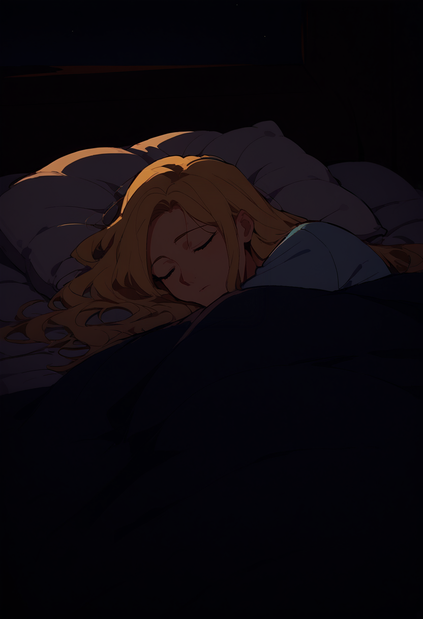 score_8_up, source_anime, adult woman, long hair, blonde hair, blue eyes, straight hair, dark, night, indoors, bed, pillow, sleeping, shirt, under covers 
<lora:DarkerThanDarkV1:1>  <lora:NoctFlatStyleV4:0.5>