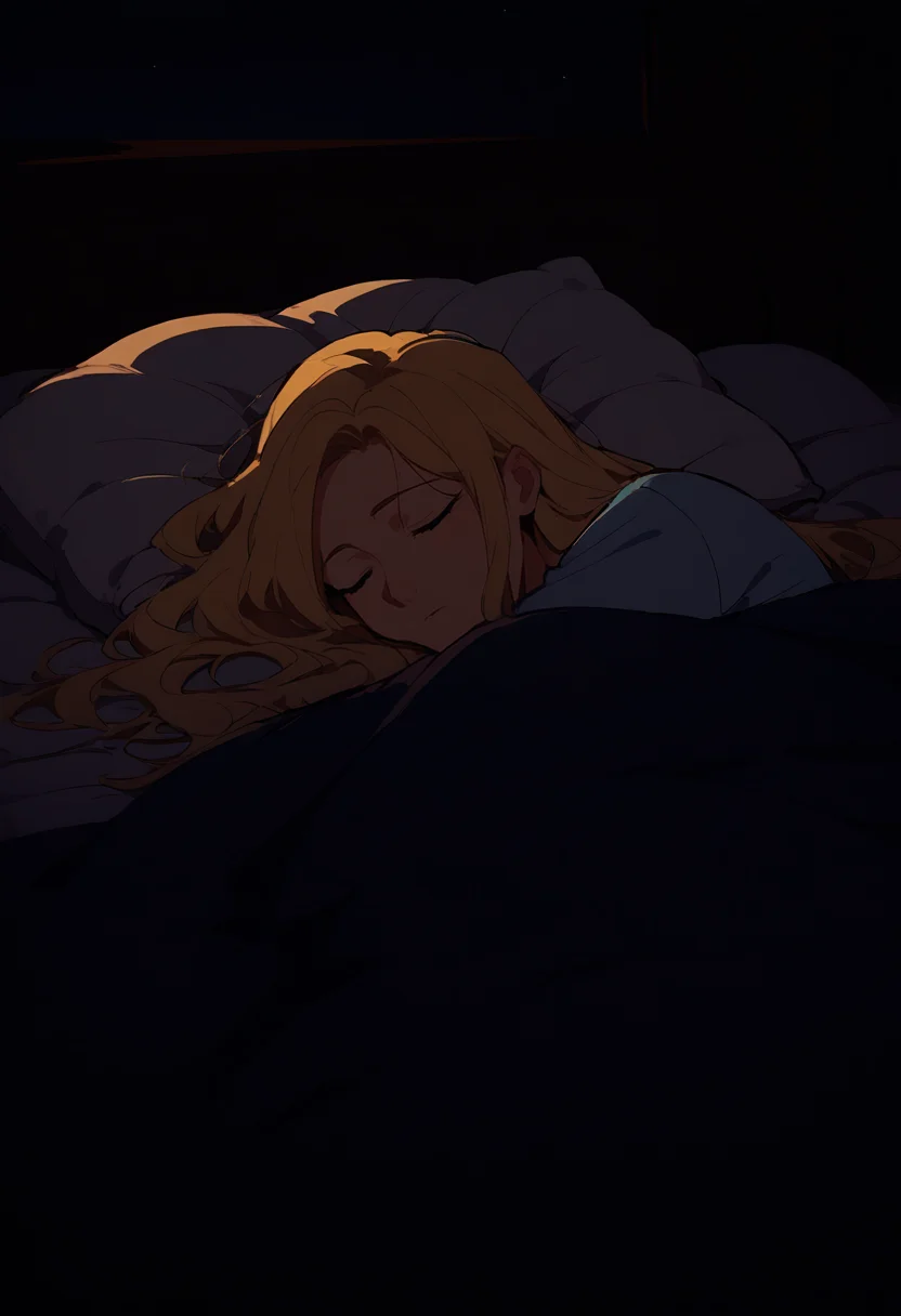 score_8_up, source_anime, adult woman, long hair, blonde hair, blue eyes, straight hair, dark, night, indoors, bed, pillow, sleeping, shirt, under covers 
<lora:DarkerThanDarkV1:1>  <lora:NoctFlatStyleV4:0.5>