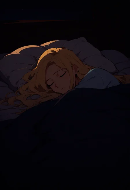 score_8_up, source_anime, adult woman, long hair, blonde hair, blue eyes, straight hair, dark, night, indoors, bed, pillow, sleeping, shirt, under covers
<lora:DarkerThanDarkV1:1> <lora:NoctFlatStyleV4:0.5>