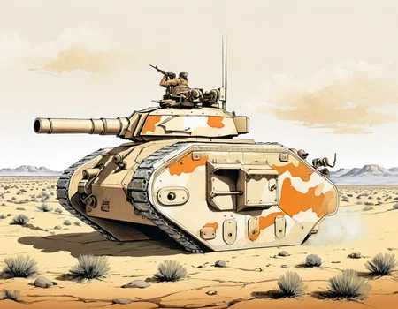 lithograph,currier and ives style,a lmnrsstnk,side view,tan and orange camouflage paint tank, <lora:Leman_Russ_Battle_Tank_-_Warhammer_40000_SDXL:0.85>,in arid plains,((round turret)),no humans,landscape