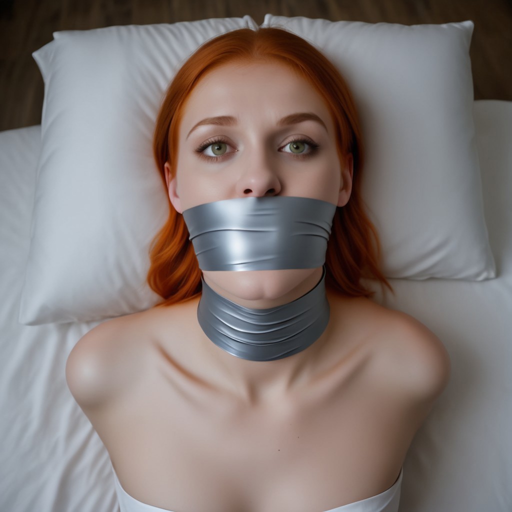 a 24 year old Caucasian woman with orange ginger hair lies on the bed with her head on a pillow and body partially under the sheets. She looks up, fearful and afraid, she is wearing no clothes, and she is naked and nude,  black choker. She is looking up at the viewer and her arms are behind her back