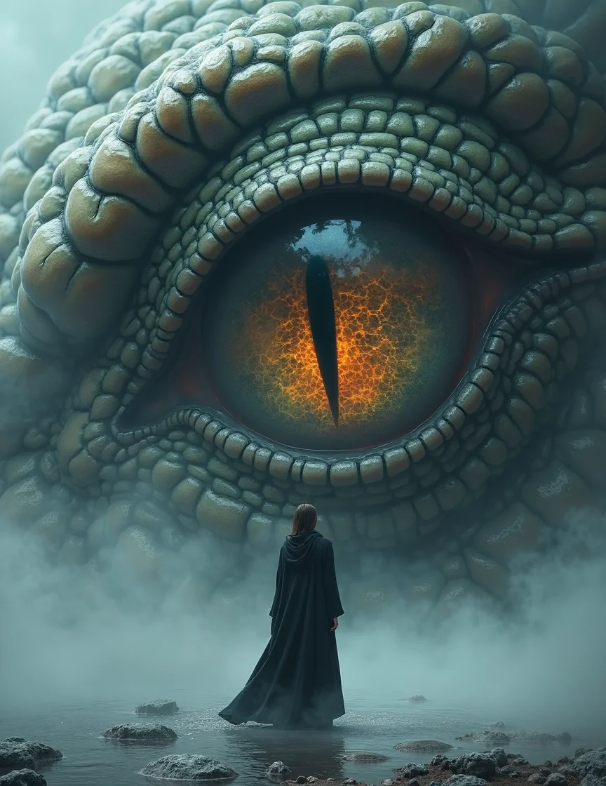 a striking and surreal scene that combines elements of both the natural world and fantasy. Dominating the composition is a massive, reptilian eye, filling almost the entire frame. The eye is highly detailed, with a slit-like pupil that suggests it belongs to a large, powerful creature, perhaps a dragon or another mythical being. The texture around the eye is rugged and scaly, giving the impression of ancient, weathered skin. In the lower portion of the image, a solitary human figure stands before the eye, dressed in a flowing black robe. The figure is tiny in comparison to the colossal eye, emphasizing the vast difference in scale and power between the two. The person stands on a surface that appears to be water or mist, which reflects the eerie, otherworldly light that surrounds the scene. The atmosphere is misty and dreamlike, adding to the sense of mystery and awe. Overall, the image is both dramatic and thought-provoking, blending cultural elements with a fantastical imagination to create a visually captivating scene.