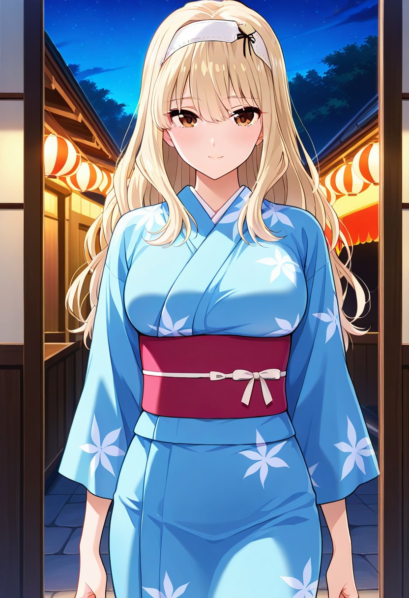 absurdres, best quality, masterpiece, amazing quality, highres, newest, detailed, source anime, anime coloring, beautiful, indoors, japan festival, night,
BREAK
1girl, solo, standing, KijHyou, brown eyes, blonde hair, long hair, white hairband, wavy hair, light smile, light blush, looking at viewer,
BREAK 
Adapted costume, kimono
