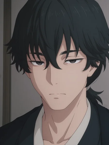 Jinta, kimono, black eyes, black hair, jinta, japanese clothes masterpiece, best quality, amazing quality, 1 boy, solo, male focus, fair skin, face focus, face close up