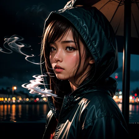 masterpiece, best quality, 1girl, japanese, brown hair, parted bangs, medium hair, brown eyes, parted lips,  hooded jacket, unbuttoned, rain, wet, cold, blowing smoke, 
<lora:skin_tone_slider_v1:1.5>  <lora:eye_size_slider_v1:0>  <lora:detailSliderALT2:0.5>,  <lora:age_slider_v6:-1.8> , blue hour, twilight, ISO12000 ,  <lora:GoodHands-vanilla:1>
