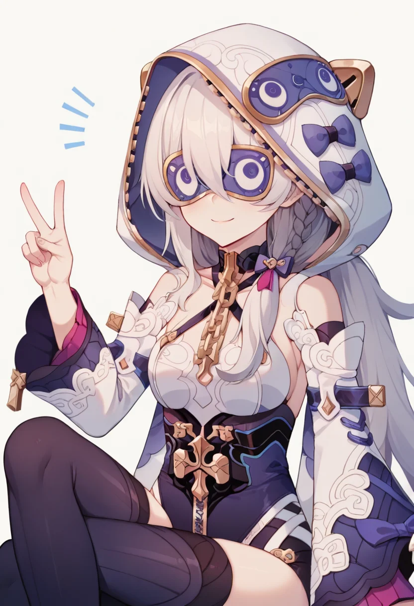 score_9,score_8_up,score_7_up,score_6_up,
<lora:Honkai_DLS_pony:1>,Honkai_TA,1girl,solo,blue eyes,white hair,bangs,smile,purple thighhighs,detached sleeves,closed mouth,leotard,braid,animal hood,simple background,white background,sitting,v,upper_body,waving,blue blindfold,