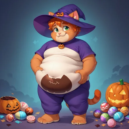 score_9, score_8_up, score_7_up, source_anime, candy everywhere, eating chocolate, white skin, standing in a pile of candy, full of candy, floating candy, magic, hands in belly, freckles, cat ears, cat tail, cat paws, orage fur, furry anthro, halloween candy, easter chocolate, 1girl, covered in chocolate, wearing witch costume, wearing purple sweatpants, witch hat, fat thights, barefoot, soles, face covered in chocolate, fat, belly overhang, happy mood, happy expression, smile, ginger hair, fat arms, fat legs, double chin, green eyes, fat chest, messy hair, tired, halloween theme, chibfurri, five toes, cub.