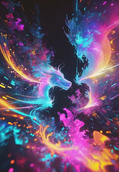 Abstract drawing, the woman's silhouette barely perceptible, soft ghostly outline dissolving into the background, a stunning explosion of colors—vivid oranges, azure blues, hot pinks, neon purples, and electric greens swirl and flow like liquid, merging in chaotic yet harmonious waves. Futuristic elements emerge—floating geometric shards, neon circuitry spiraling in and out of focus, holographic patterns shifting, glowing abstract symbols flickering. The silhouette hints at a figure, abstract lines suggesting arms and a face, but it’s fragmented, almost dissolving. Neon streaks of light burst from the silhouette, merging into a fractal network of wires and glitching data streams. Fragmented cityscapes and neon billboards peek through the chaos, distorted and bending like reflections in a rippling surface. Floating orbs, futuristic drones, and holographic dragon shapes twist through the vibrant scene, dissolving into waves of energy. Psychedelic layers pulse with brightness, creating depth. The entire scene radiates energy, dreamlike and disorienting, an abstract fusion of digital beauty and chaos.
<lora:add-detail-xl:1>
<lora:Dynamic Poses:1>