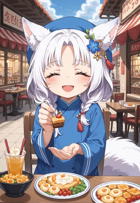score_9,score_8_up,score_7_up,source_anime ,absurdres,detailxl,zPDXL3,
(Masterpiece:1.3),(best quality:1.2),high resolution,high quality,detailed,cute details,
cowboy shot,sitting,
fantasy,
fox girl, priestess robe, elaborate cute innerwear,elaborate cute blue outerwear, hair ornament
detailed fluffy ears, lowered ears, fluffy tail fur,detailed face,
, white fur, white hair with golden highlights, (covered brests:1.5), closed eyes, open mouth, subtle smile
outdoors,restaurant,table,chair,
<lora:ColorRoughSlider:-0.1>,
<lora:zy_Detailed_Backgrounds_v1:0.6>,
<lora:feeding_Pony_v1:1>,feeding,long hair,braided ponytail,on stomach, basukechi_style, bhands, 5 fingers