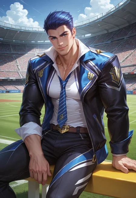 safe_pos, Score_9, Score_8_up, Score_7_up, best quality, realistic, shading, shading detailed, countershading, Expressiveh, dynamic scene, outside, sitting on bleachers, football field
(((solo))), 1boy, bara, masculine, male focus, ba jayce, handsome face, blue hair, blue eyes, short hair, pale skin, muscle, big arms, big chest, thick thighs, detailed skin, skin shading, open jacket, white shirt, blue necktie, jacket on shoulders, pants, fully clothed, small smile, closed mouth