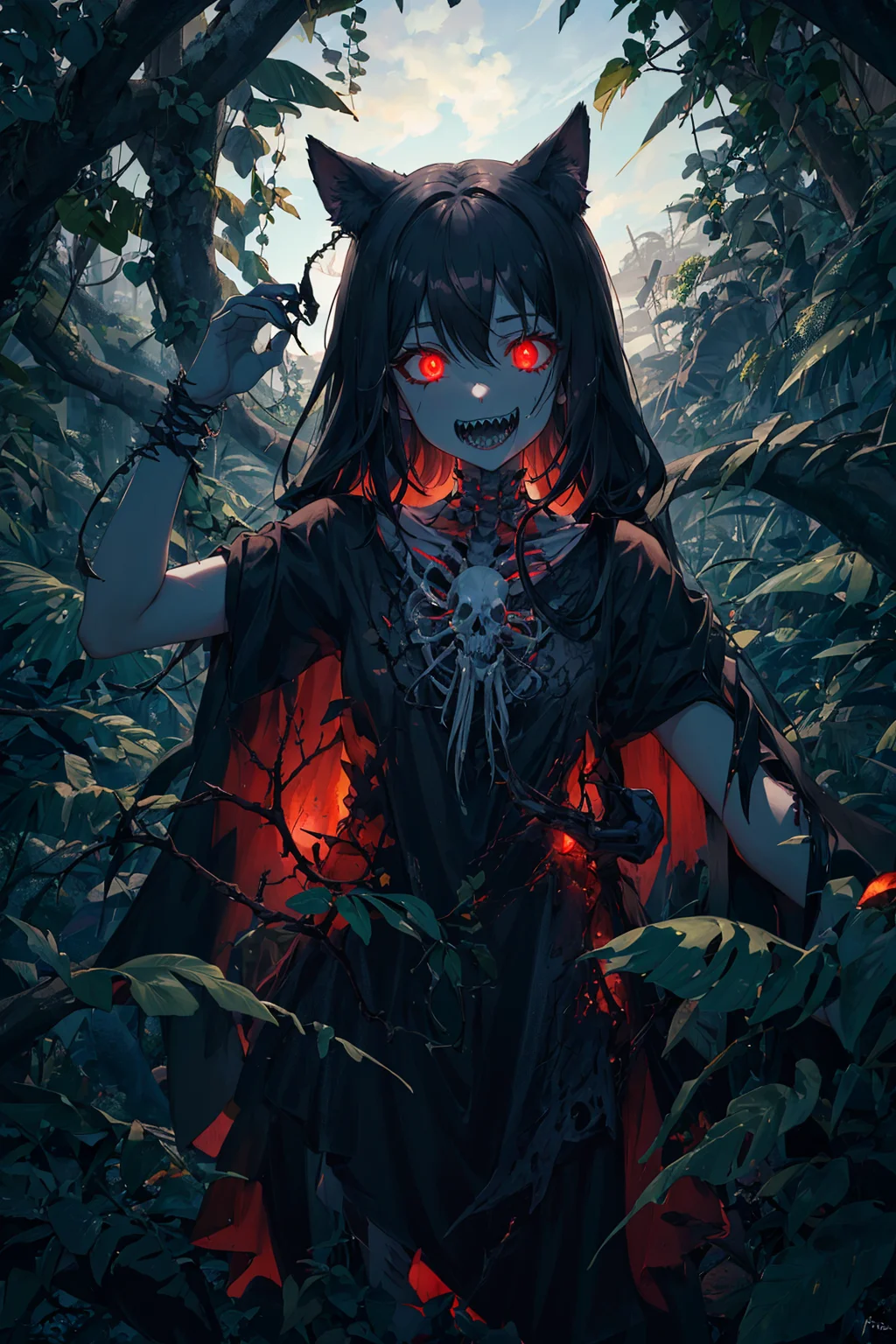 frightful, bare tree, tree, (sexy:1.1), branch, forest, teeth, plant, monster, nature, sharp teeth, glowing, solo, no humans, checkered, skull, horror \(theme\), outdoors, looking at viewer, open mouth, red eyes, skeleton, glowing eyes, palm tree, leaf, feathers, male focus, animal, vines, fangs, sky