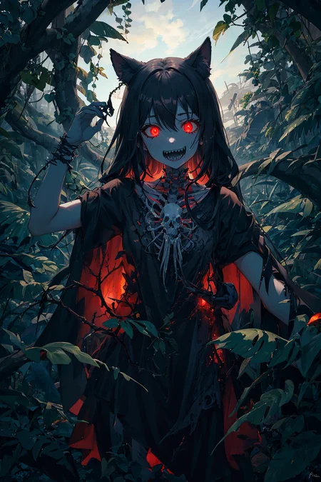 frightful, bare tree, tree, (sexy:1.1), branch, forest, teeth, plant, monster, nature, sharp teeth, glowing, solo, no humans, checkered, skull, horror \(theme\), outdoors, looking at viewer, open mouth, red eyes, skeleton, glowing eyes, palm tree, leaf, feathers, male focus, animal, vines, fangs, sky