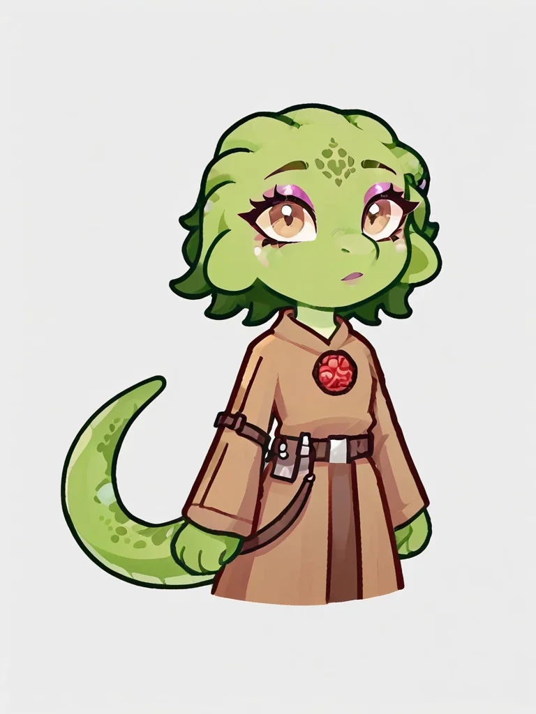 score_9_up, score_8_up, rating_safe, furry female, solo, scalie, lihzahrd_\(terraria\), makeup, green body, rugged brown clothes, belt, looking up at viewer, <lora:Lihahrd-000009:0.7> <lora:egirlthot_pony:0.7>, custom lps, 2d, littlest_pet_shops, ((digital art)), <lora:LPS-000006:0.6>, , minimalstyle, <lora:PonyMinimalStyle:1>, cel shading