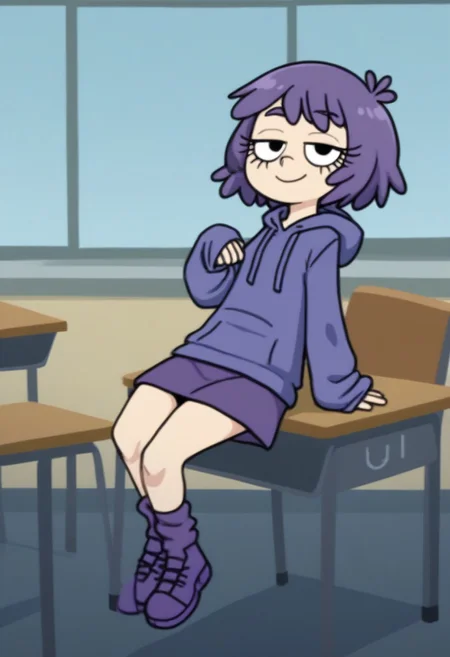 Sh4ri_WYSD, 1 girl, solo, short hair, purple hair, long eyelashes, purple hoodie, purple skirt, purple shoes, sitting on desk, looking at viewer, smiling, sleepy eyes,
