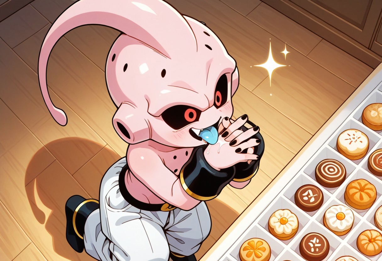 masterpiece, amazing quality, absurdres, ultra-detailed, no humans, solo, short, from above, 
1boy, k1dbuu, pink skin, black sclera, red eyes, eye shine, shiny eyes, body holes, ear holes, black nails, antenna, no nose, lowleg pants, white baggy pants, belt, black armbands, black ankle bands, gold trim, smile, open mouth, fang, tongue out, blue tongue, saliva, huge eyes, sparkle, happy, shiny skin, perfect hands, 5 fingers, cute, leg up, own hands together, interlocked fingers, standing,  
BREAK
indoors, bakery, c4ndy sh0p, cake, candy, wooden floor, carpet, shadow, detailed shading, WaiIL25PosC