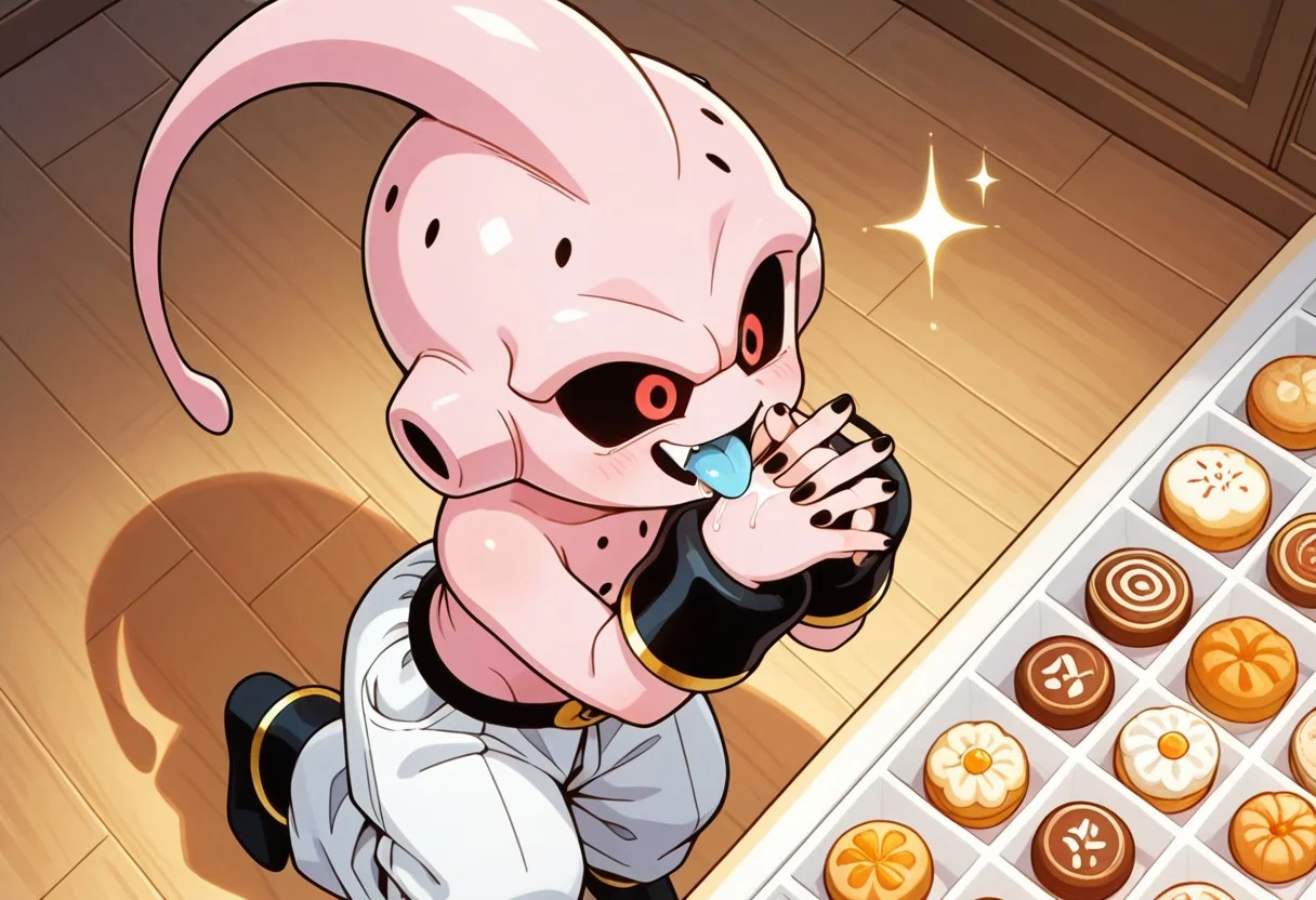 masterpiece, amazing quality, absurdres, ultra-detailed, no humans, solo, short, from above,
1boy, k1dbuu, pink skin, black sclera, red eyes, eye shine, shiny eyes, body holes, ear holes, black nails, antenna, no nose, lowleg pants, white baggy pants, belt, black armbands, black ankle bands, gold trim, smile, open mouth, fang, tongue out, blue tongue, saliva, huge eyes, sparkle, happy, shiny skin, perfect hands, 5 fingers, cute, leg up, own hands together, interlocked fingers, standing,
BREAK
indoors, bakery, c4ndy sh0p, cake, candy, wooden floor, carpet, shadow, detailed shading, WaiIL25PosC