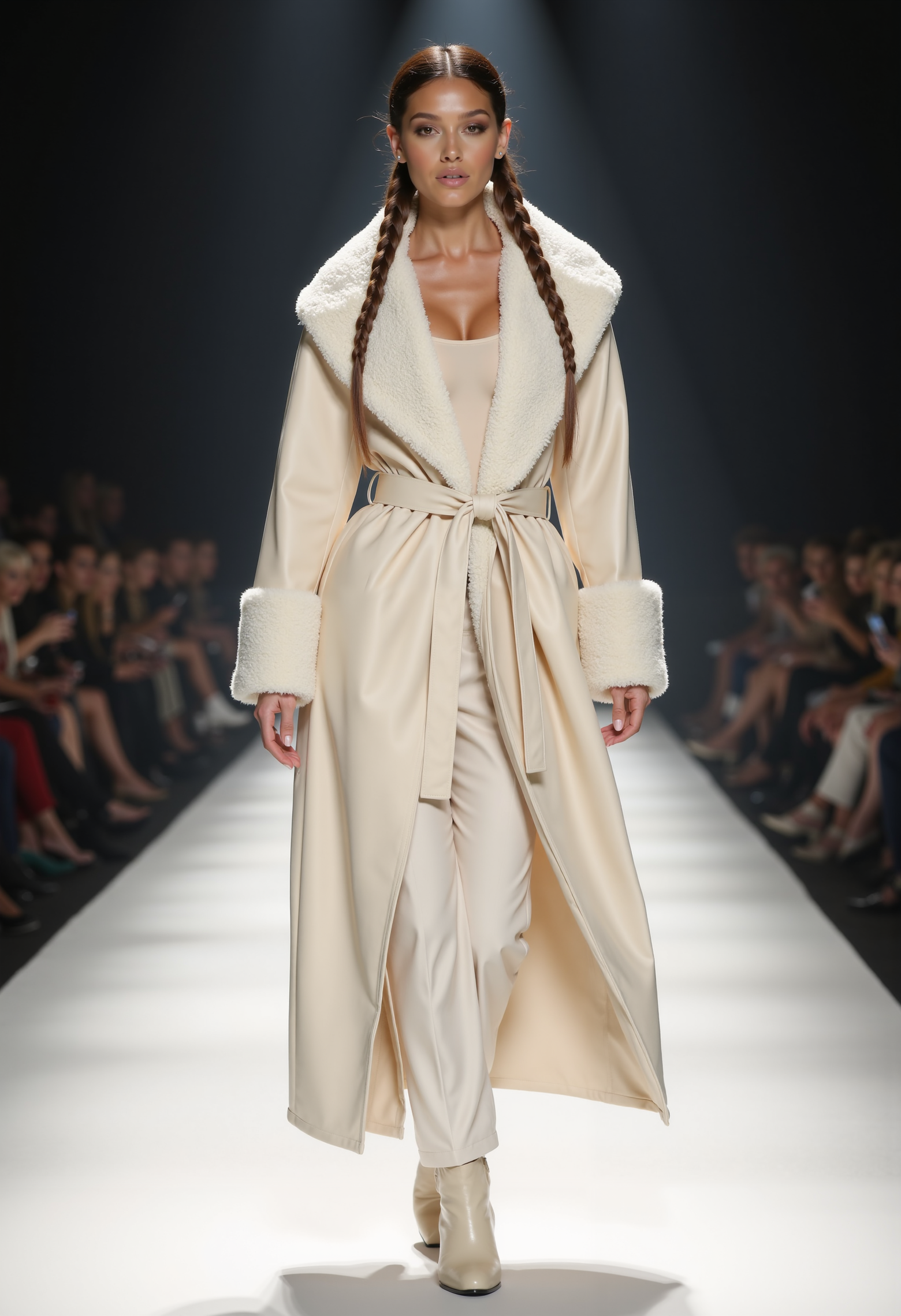 full body shot, beautiful woman, braided hair, clo023, wearing a closed longline cream coat, shearling collar and cuffs, belted at the waist, top, trousers, boots, walking on a catwalk, spotlight at her