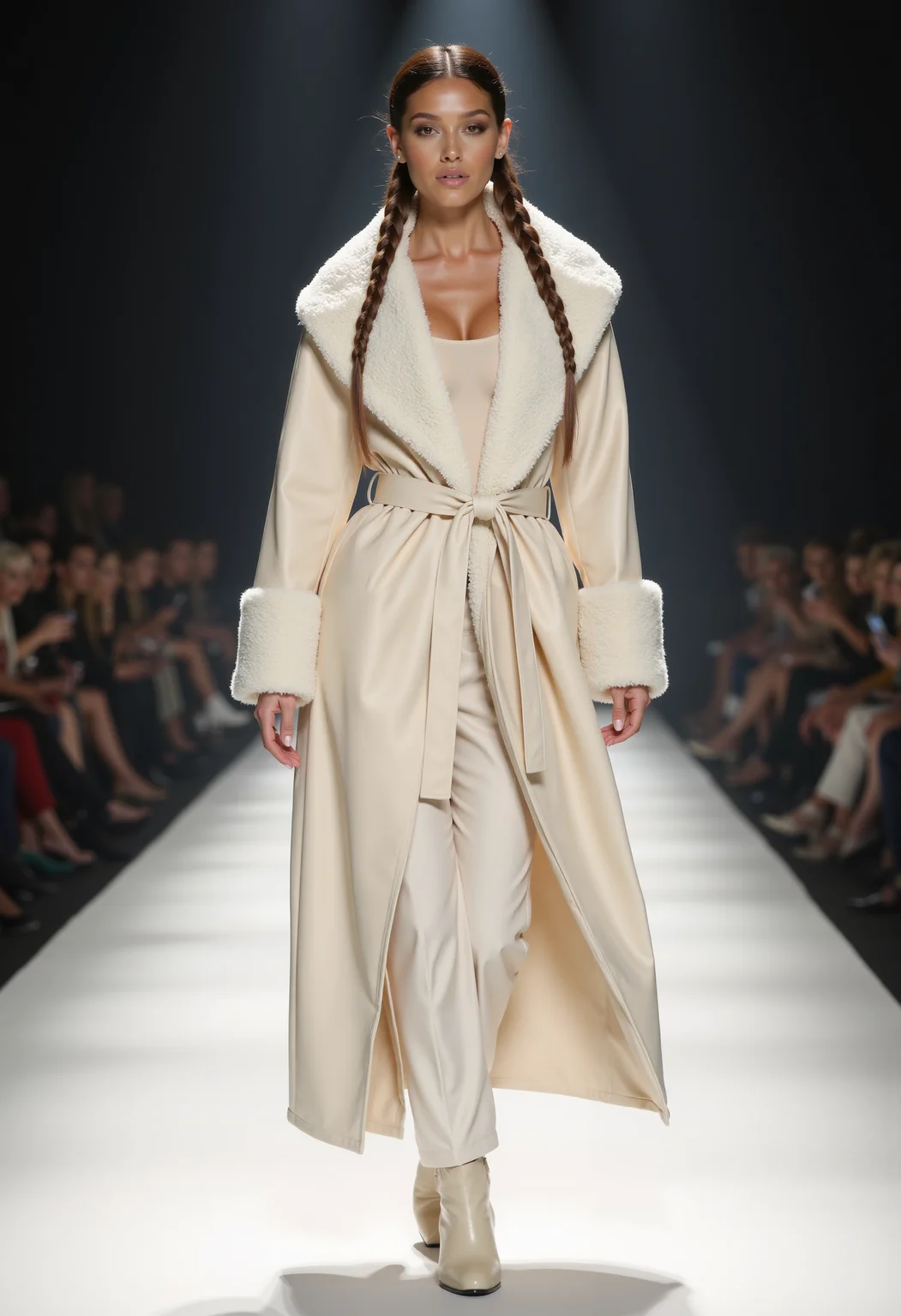 full body shot, beautiful woman, braided hair, clo023, wearing a closed longline cream coat, shearling collar and cuffs, belted at the waist, top, trousers, boots, walking on a catwalk, spotlight at her