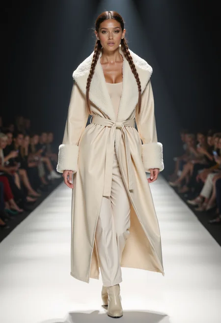 full body shot, beautiful woman, braided hair, clo023, wearing a closed longline cream coat, shearling collar and cuffs, belted at the waist, top, trousers, boots, walking on a catwalk, spotlight at her