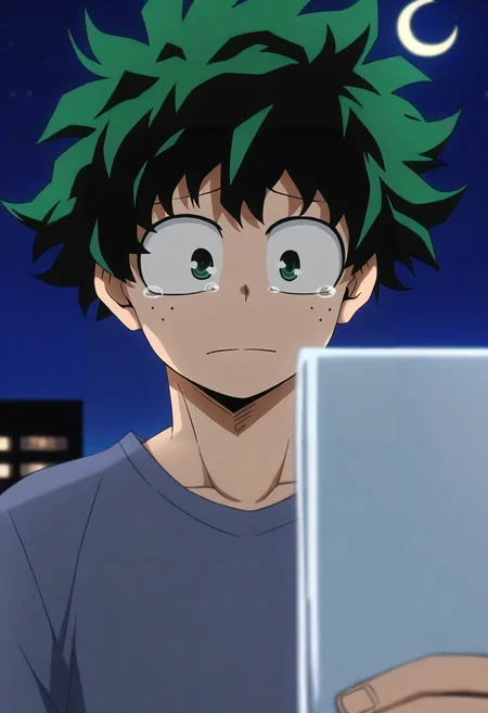 intricate details, anime screencap, anime coloring, , , depth of field, 1boy, solo, male focus, <lora:izuku_midoriya_ilxl:0.88>, izuku_midoriya, green hair, green eyes, short hair, close-up, apartment, night, crescent moon, holding object, tearing up,