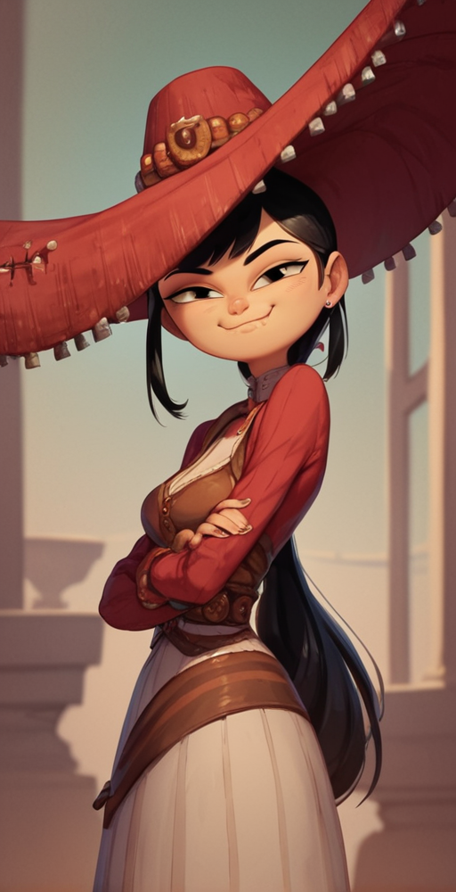score_9,score_8_up,score_7_up,score_6_up, solo, 1girl, hat, black hair, looking at viewer, smug, nose, <lora:Adelita_Sánchez_Pony_XL_Book_of_Life:1>
