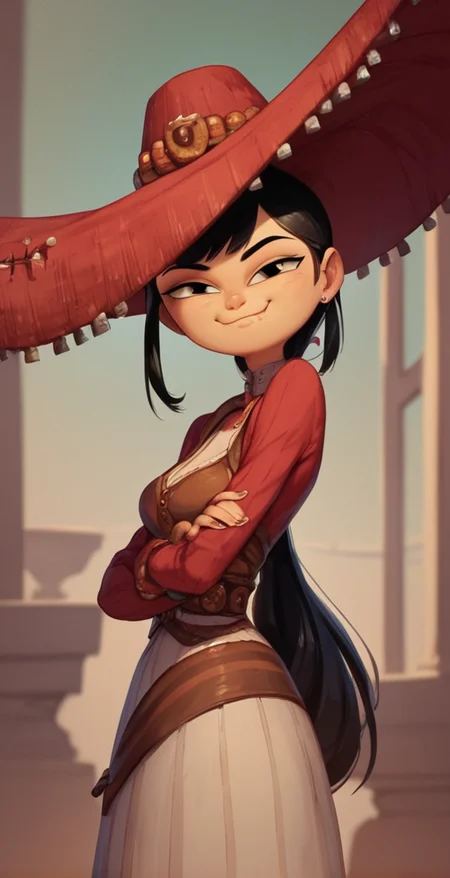 score_9,score_8_up,score_7_up,score_6_up, solo, 1girl, hat, black hair, looking at viewer, smug, nose, <lora:Adelita_Sánchez_Pony_XL_Book_of_Life:1>