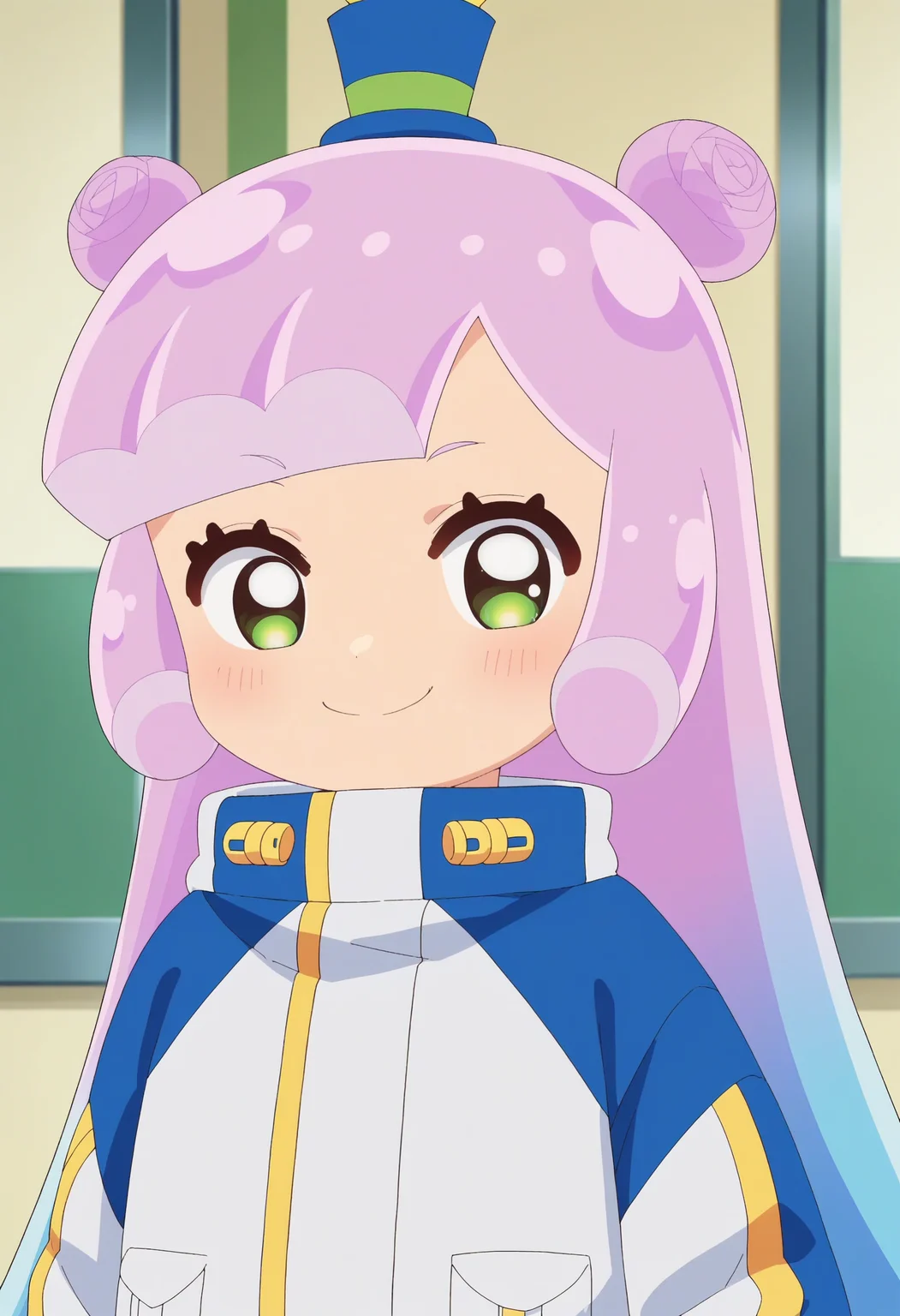 score_9, score_8_up, score_7_up, score_6_up, score_5_up, score_4_up , anime coloring ,BREAK source_anime, anime,screencap,
1girl, solo, puniru, jacket, mini hat, <lora:PonyXL Puniru V2:1>
indoors, upperbody,
smile, looking at viewer,
