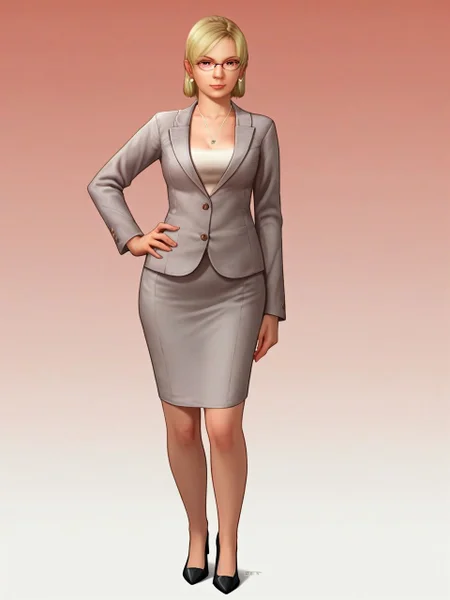 zpdxl3, maroon gradient background, 1girl, solo, facing viewer, contrapposto, standing, hand on hip, hand behind back, <lora:jessieDR_PDXL:0.8> jessieDR, plump, glasses, earrings, necklace, grey blazer, white shirt, grey skirt, black high heels,