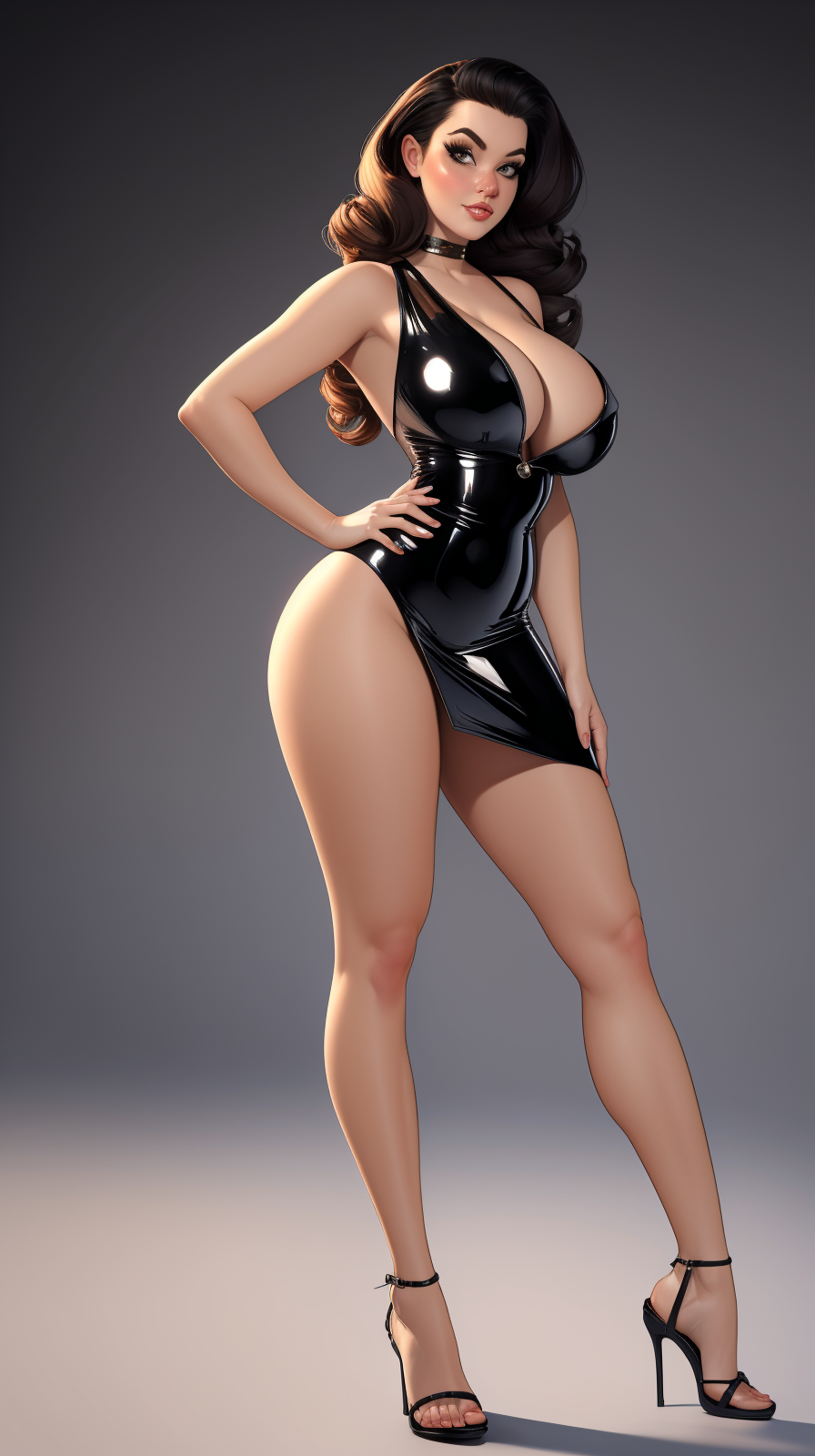 high detailed, masterpiece, illustration of woman in black dress and high heel uplaced sandals, perfect hands, big breast, wide hips, thick thighs, posing sexy, looking at viewer, pin up pose, simple scene, shinny floor, <lora:Ch4v3zStyle:0.7>