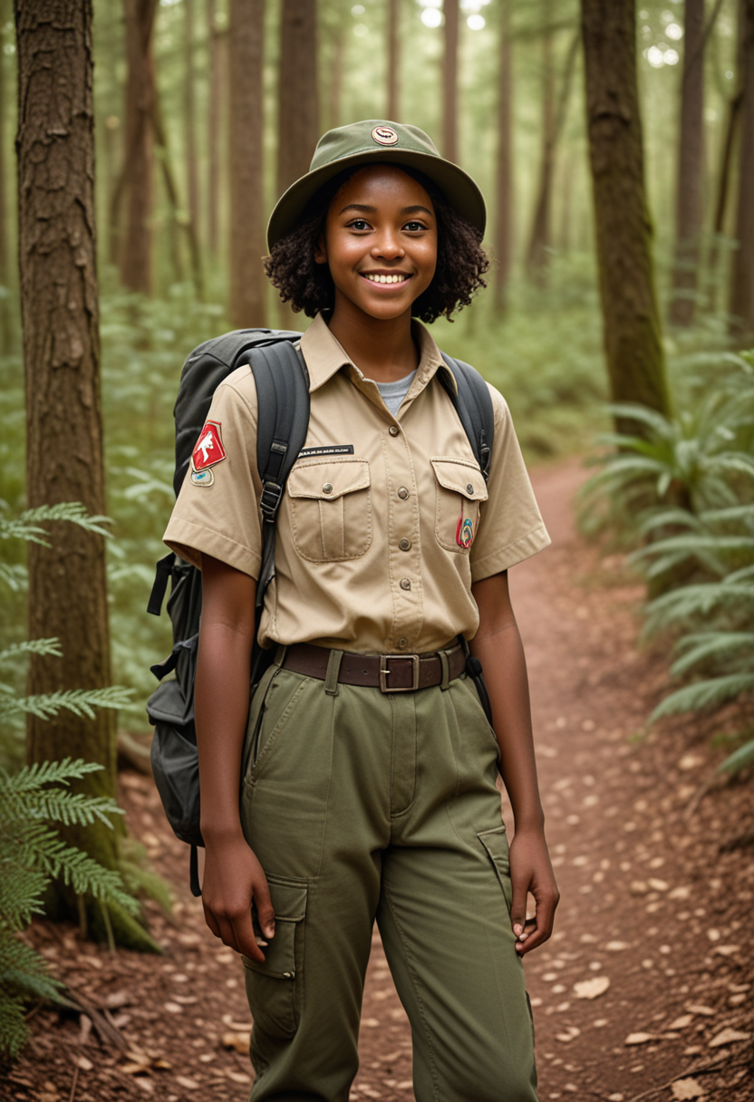 (medium full shot) of (energetic scout) young woman, african, dark skin, black eyes, willowy build, long hazel inverted bob hair, wearing a scout hat, scout uniform top, comfortable hiking pants, rugged boots, backpack, set in  forest trail with a narrow path winding through the trees, occasional clearings offering a view of the surroundings, scouts identifying plants and animals along the way, the ground covered in leaves and pine needles , at dawn, smiling, Masterpiece,best quality, photo, realistic, very aesthetic, detailed face,